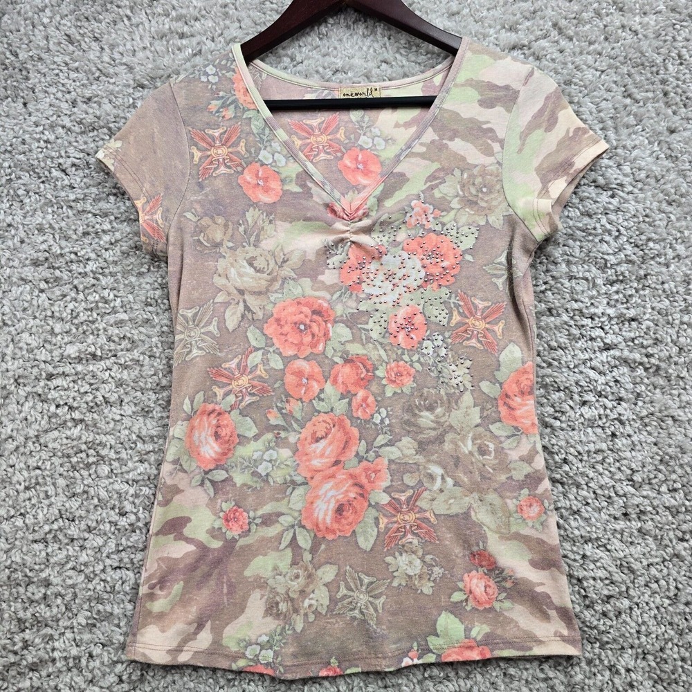 One World‎ Womens Floral Rose Embellished V-Neck Top Size M Y2K Retro